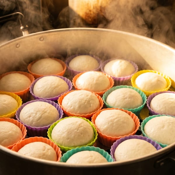 Steaming hot, fluffy white buns in colorful silicone cups fill a metal steamer basket.