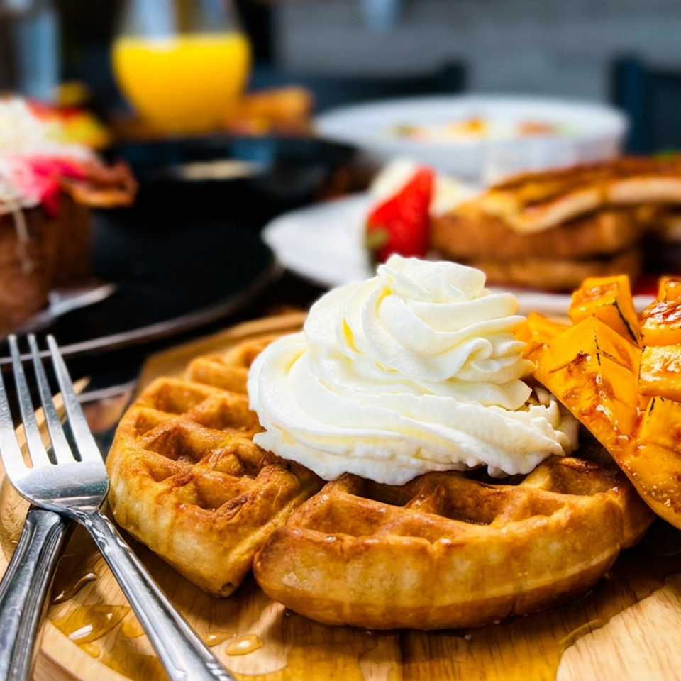 Golden waffle with whipped cream and sliced mango on a wooden plate, with other breakfast items blurred in the background.