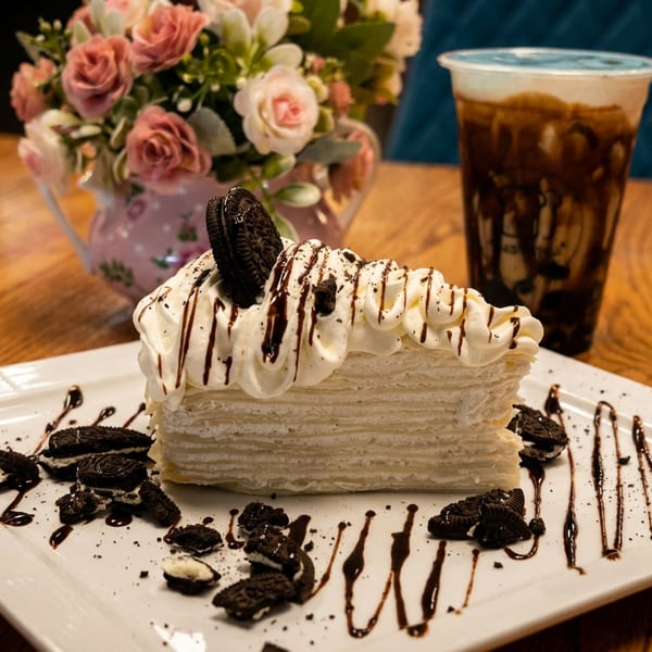 A slice of crepe cake with whipped cream, chocolate drizzle, and Oreo pieces on a white plate.