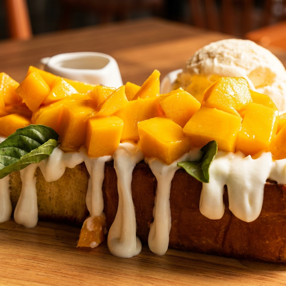 Golden toast topped with diced mango, white cream, basil leaves, and a scoop of ice cream.