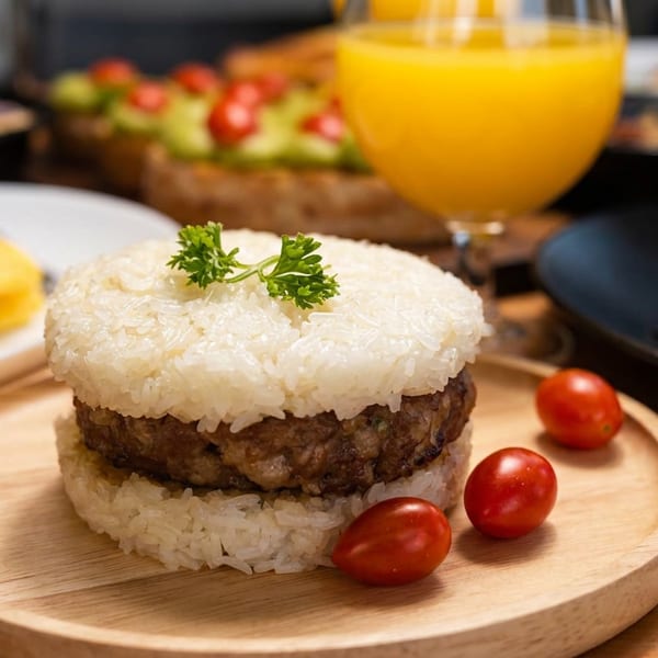 A rice burger with a beef patty, garnished with parsley and cherry tomatoes on a wooden plate.