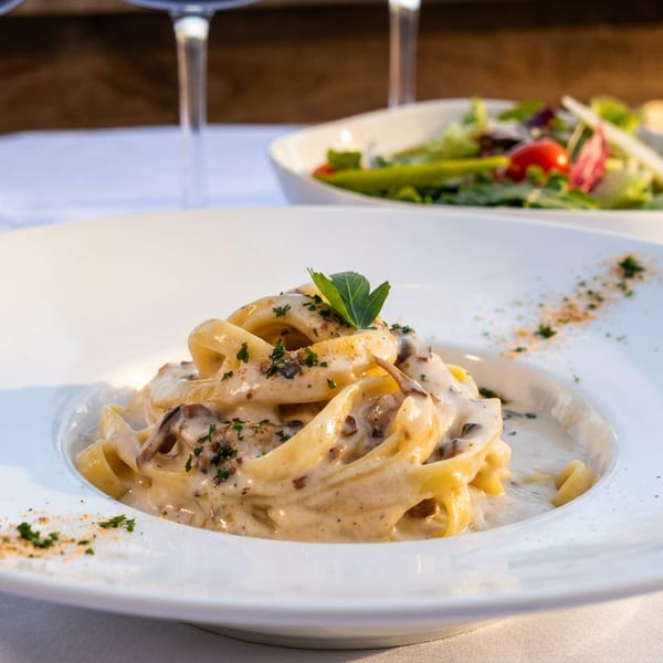 Creamy mushroom pasta with a side salad and two glasses of red wine on a white tablecloth.