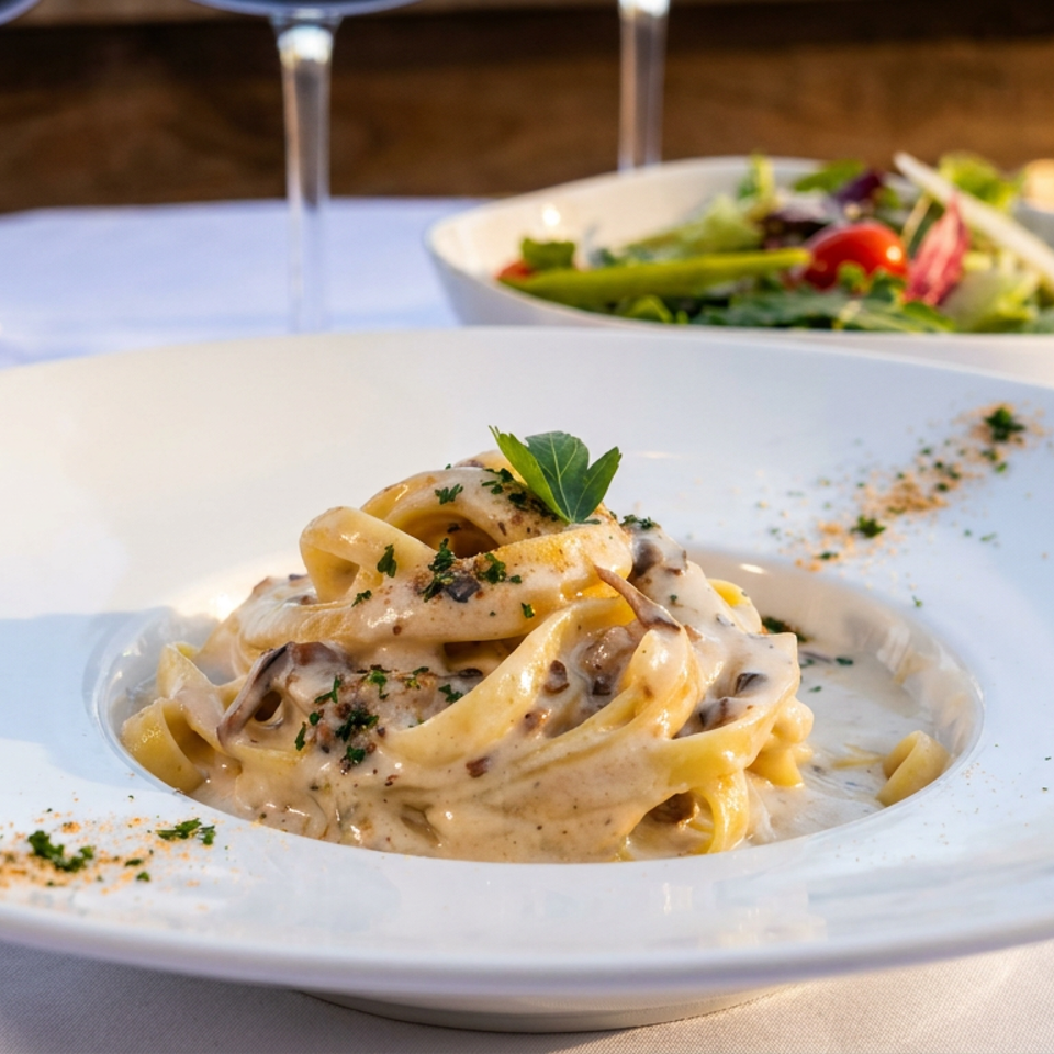Creamy mushroom pasta with a side salad and two glasses of red wine on a white tablecloth.