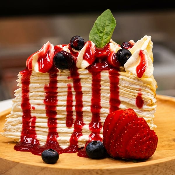 Slice of crepe cake with whipped cream, berry sauce, blueberries, strawberry, and mint leaf.