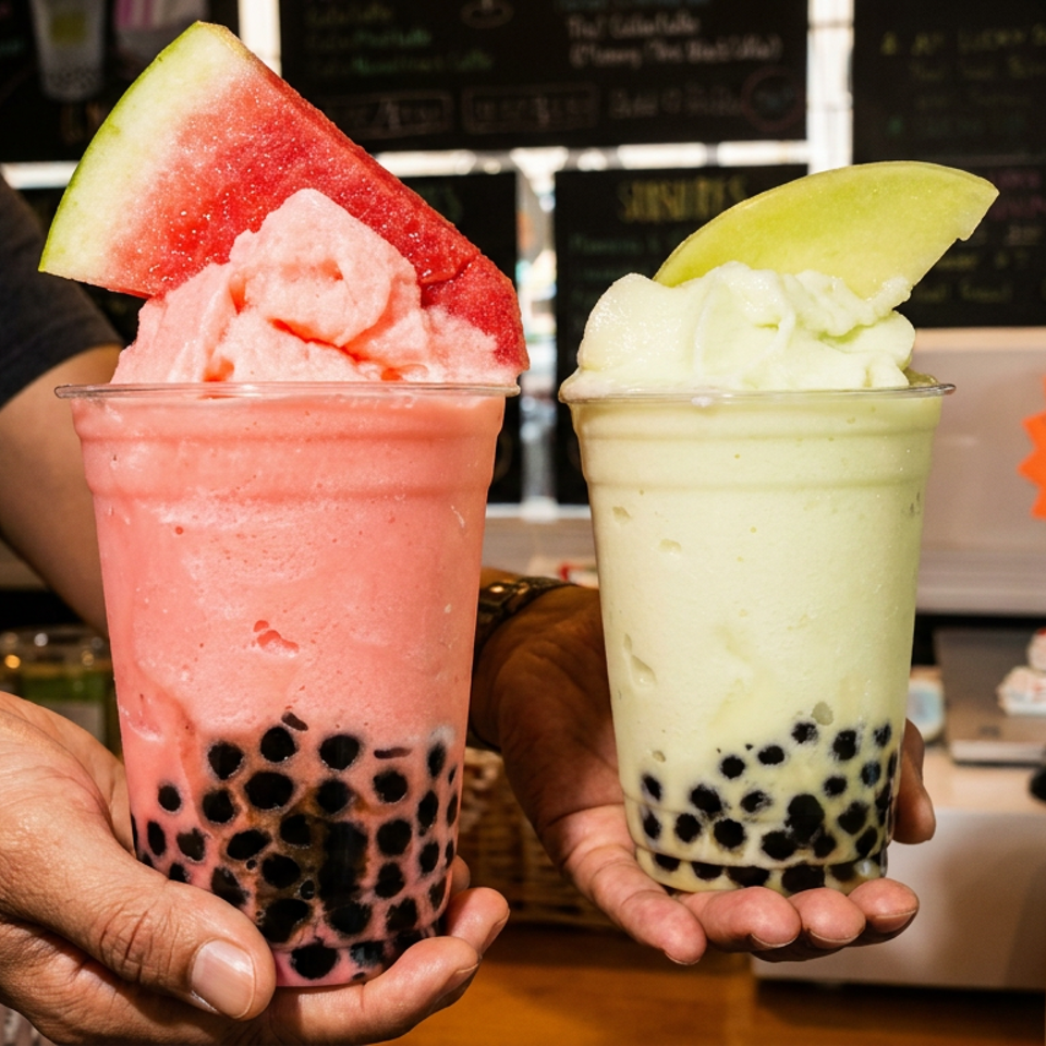 Hands holding two bubble tea smoothies, one pink with watermelon, one green with apple slices.