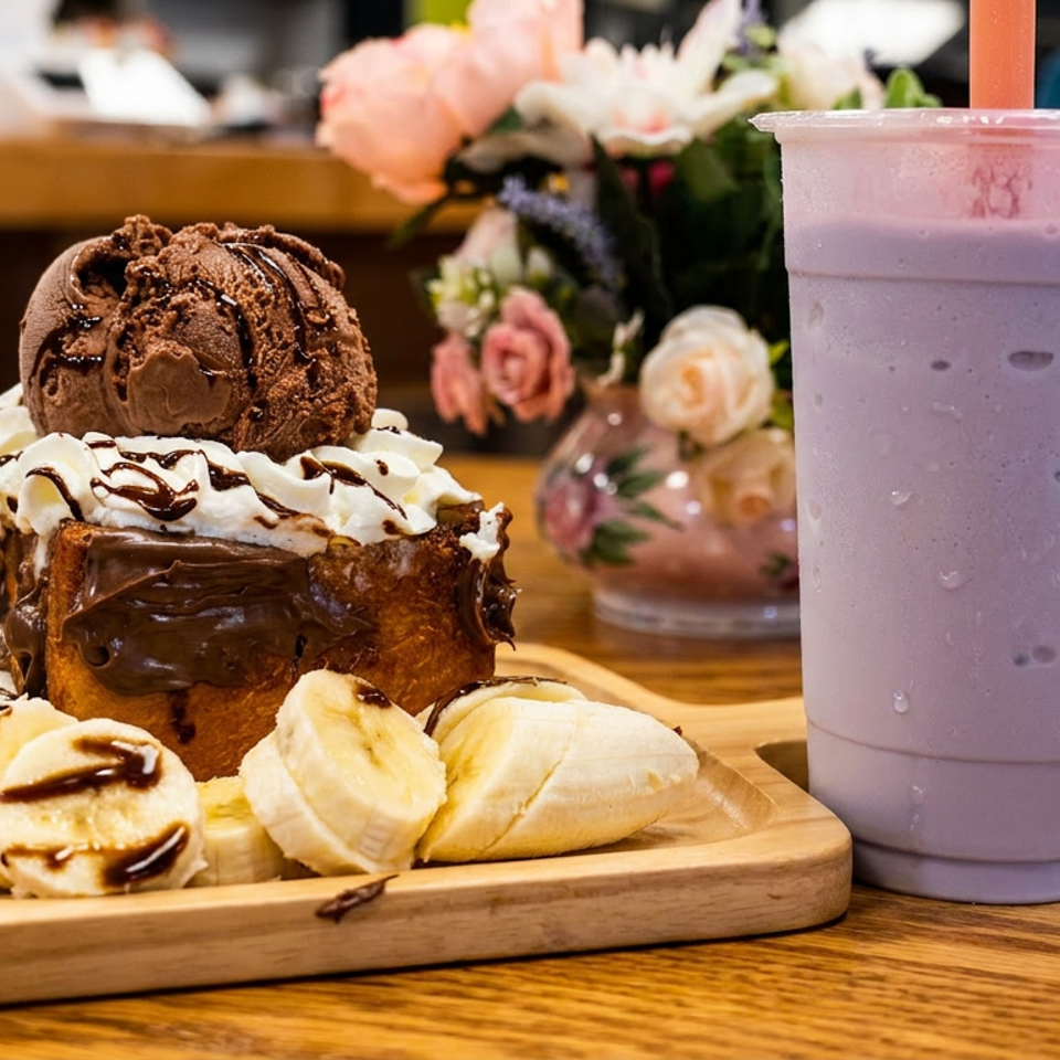 Chocolate toast with ice cream, whipped cream, banana slices, and a purple drink on a wooden table.