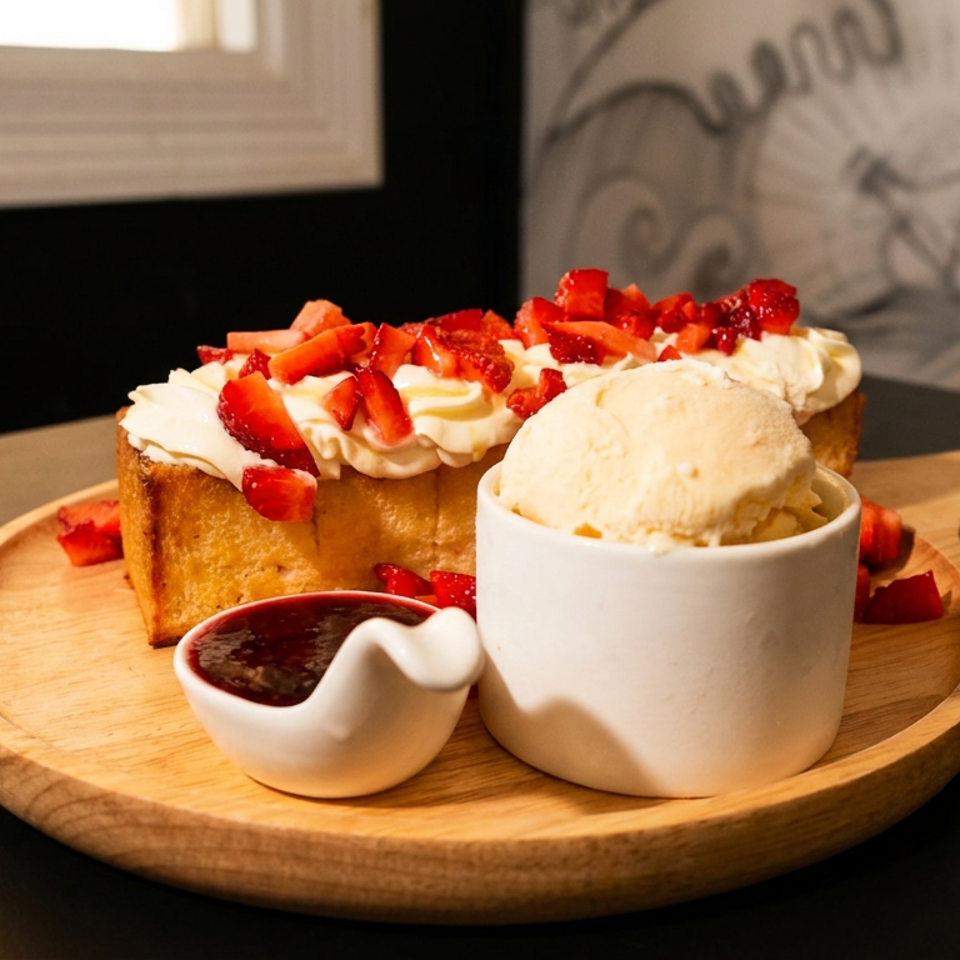Golden toast with whipped cream, strawberries, vanilla ice cream, and berry jam on a wooden board.