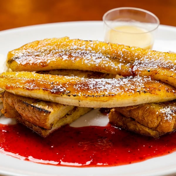 French toast topped with caramelized bananas, powdered sugar, whipped cream, and strawberry sauce.