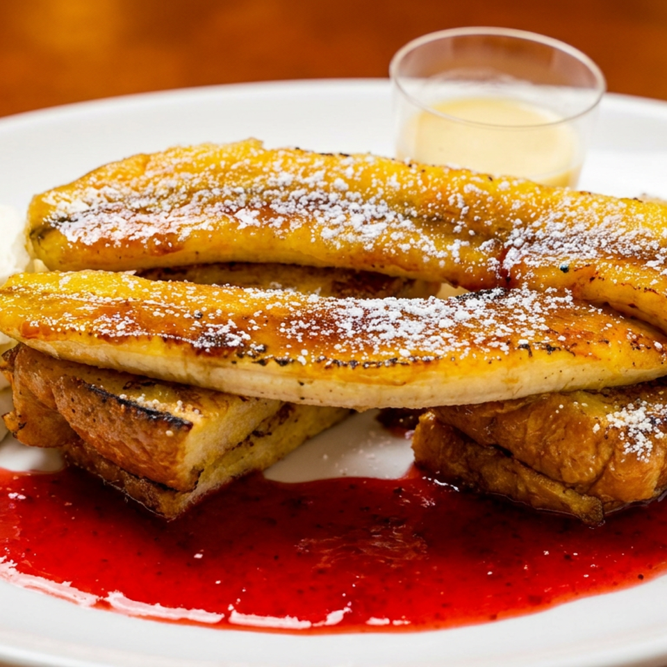 French toast topped with caramelized bananas, powdered sugar, whipped cream, and strawberry sauce.